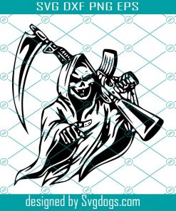 Grim Reaper AK 47 Svg, Rifle Skull Svg, Death Sickle Killer Svg, Grim Biker Ghost Tattoo Svg, Skeleton Bone Svg