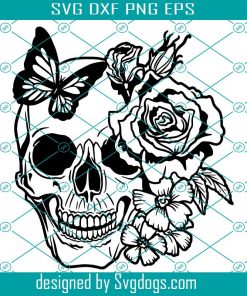 Skull Roses Flowers Svg, Butterfly Grin Death Love Svg, Dead Head Evil Kill Svg, Killer Tattoo Svg, Halloween Svg