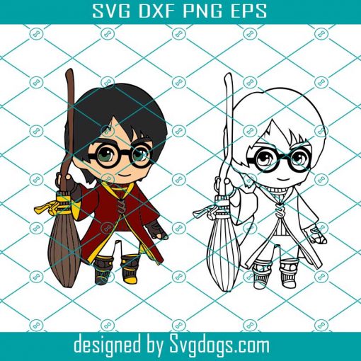 Little Harry in Quidditch Uniform Svg, Harry with Broom Svg, Cute Wizard Vector Art Svg, Little Harry Printable Svg