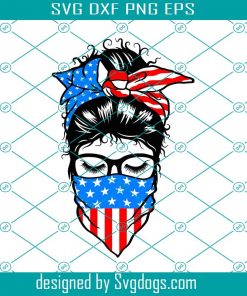 Girl Face In Glasses Svg, Messy Bun Svg, Girl Face Headband USA Svg, Handkerchief American Flag Layered Svg