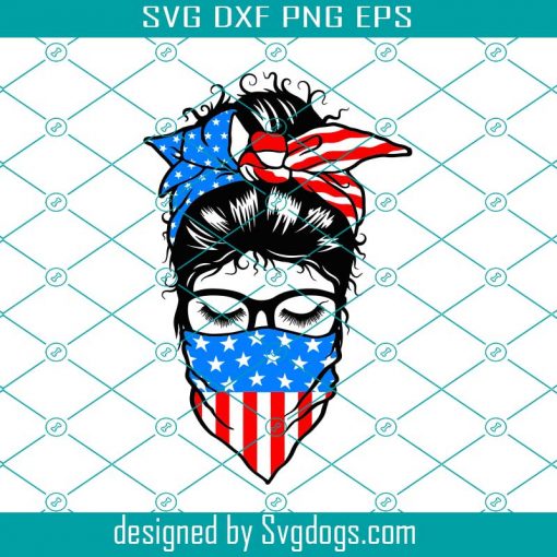 Girl Face In Glasses Svg, Messy Bun Svg, Girl Face Headband USA Svg, Handkerchief American Flag Layered Svg