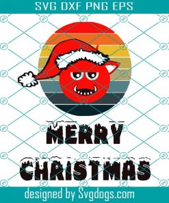 Merry Christmas Snow Lettering Svg, Little Red Devil Head Cartoon With Santa Claus Hat On Retro Sunset Circle Stripes Grunge Background Merry Christmas Snow Lettering Svg, Christmas Svg