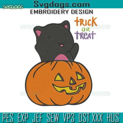 Black Cat Pumpkin Trick Or Treat Embroidery Design File, Cat Halloween Embroidery Design File