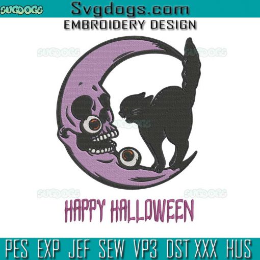 Happy Halloween Black Cat Moon Embroidery Design File, Happy Halloween Embroidery Design File