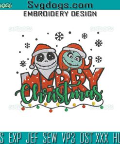 Jack And Sally Merry Christmas Embroidery Design File, Jack And Sally Santa Hat Embroidery Design File