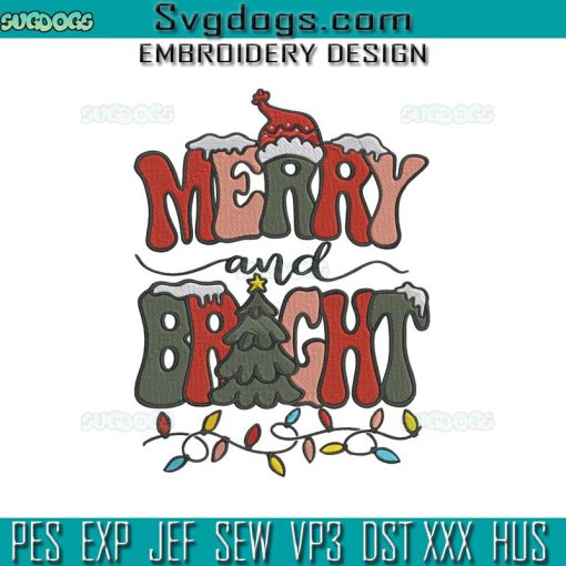 Merry And Bright Christmas Embroidery Design File, Santa Hat Embroidery Design File, Christmas Lights Embroidery Design File