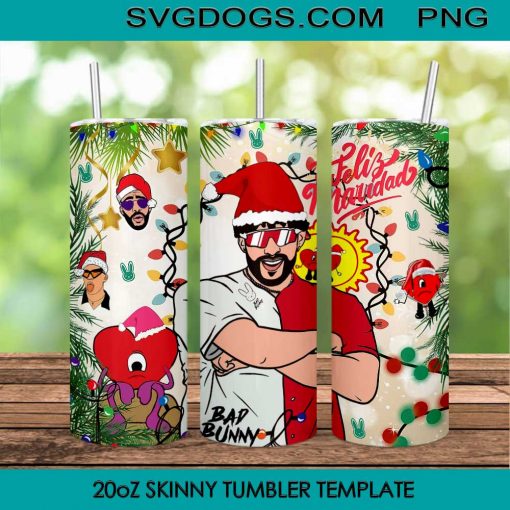 Bad Bunny Christmas 20oz Skinny Tumbler Template PNG, Bad Bunny Santa Hat Tumbler PNG File Digital Download