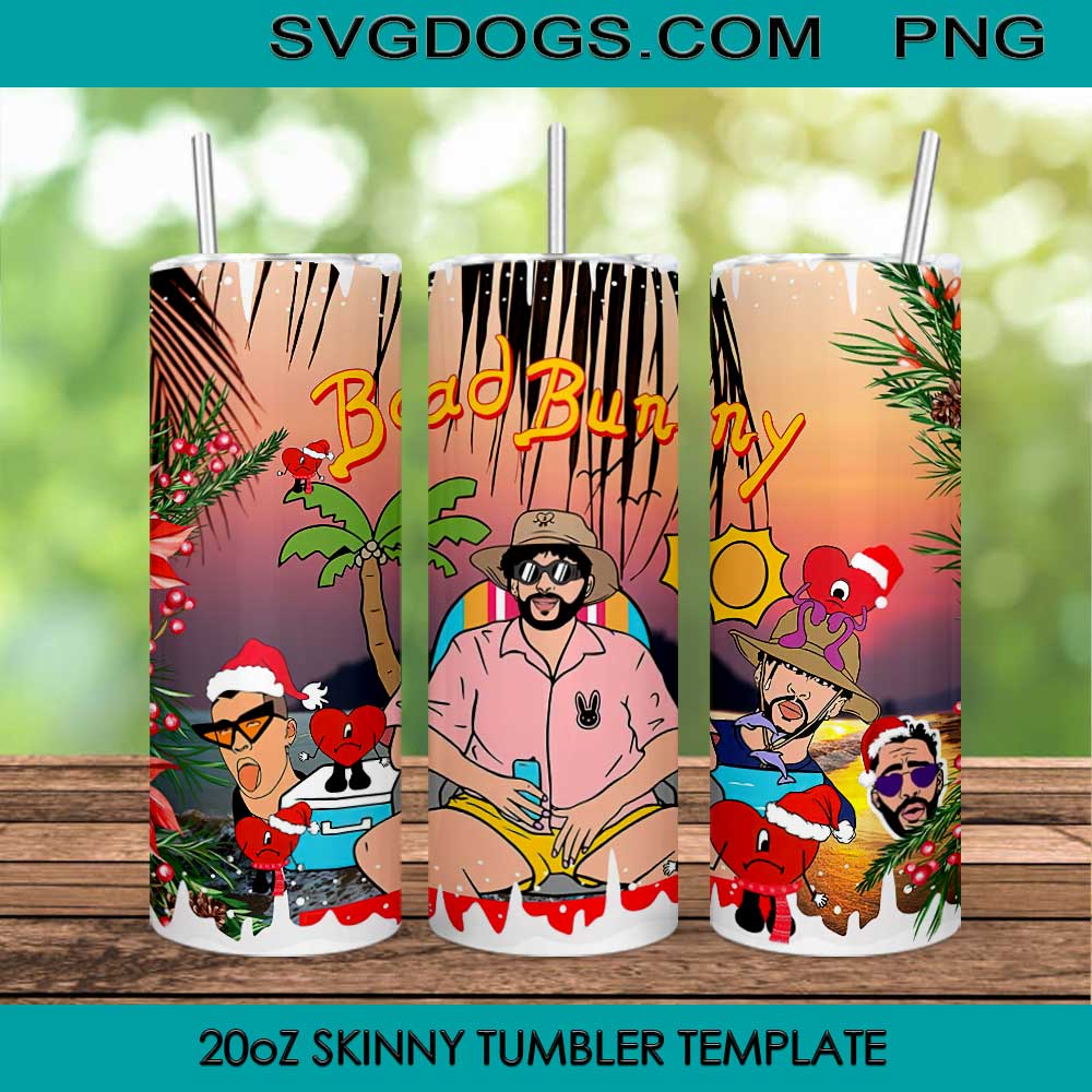 Bad Bunny Christmas Summer 20oz Skinny Tumbler Template PNG, Bad Bunny Santa Tumbler PNG File Digital Download