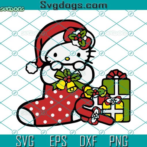 Hello Cat Stocking Christmas Party SVG, Layered Hello Cat Stocking SVG, Hello Cat Santa Hat SVG, Candy Cane SVG PNG DXF EPS