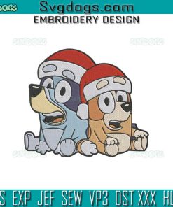 Bluey And Bingo Christmas Embroidery Design File, Bluey And Bingo Santa Hat Embroidery Design File