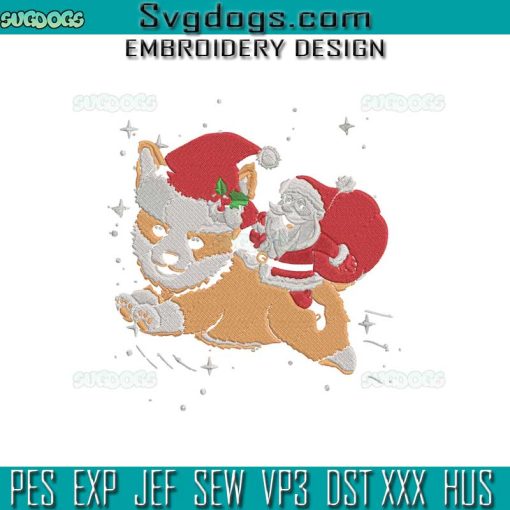 Santa Riding Corgi Christmas White Embroidery Design File, Corgi Dog Xmas White Embroidery Design File