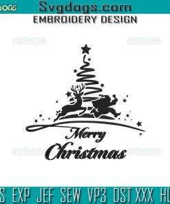 Reindeer chasing Santa Embroidery Design File, Merry Christmas Tree Embroidery Design File