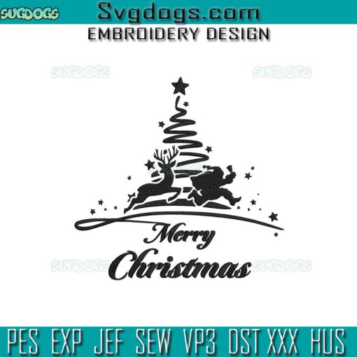 Reindeer chasing Santa Embroidery Design File, Merry Christmas Tree Embroidery Design File