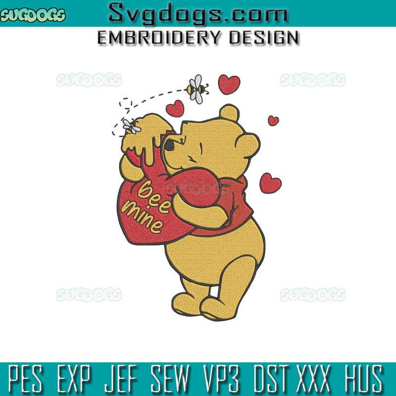 Pooh Valentine Embroidery Design File, Bee Mine Valentine Embroidery Design File