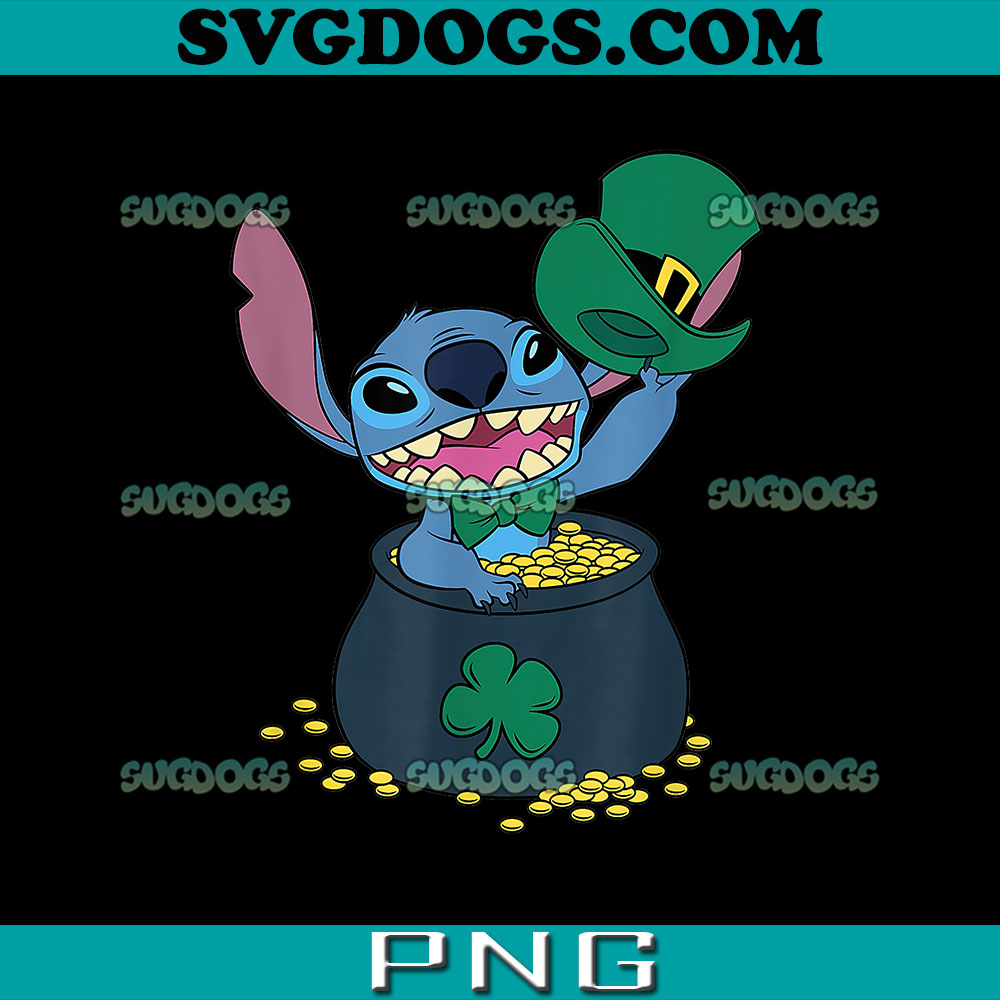Stitch St Patricks Day PNG, Disney Stitch Pot Of Gold Shamrock St. Patrick's Day PNG, Stitch With Pot Of Gold PNG