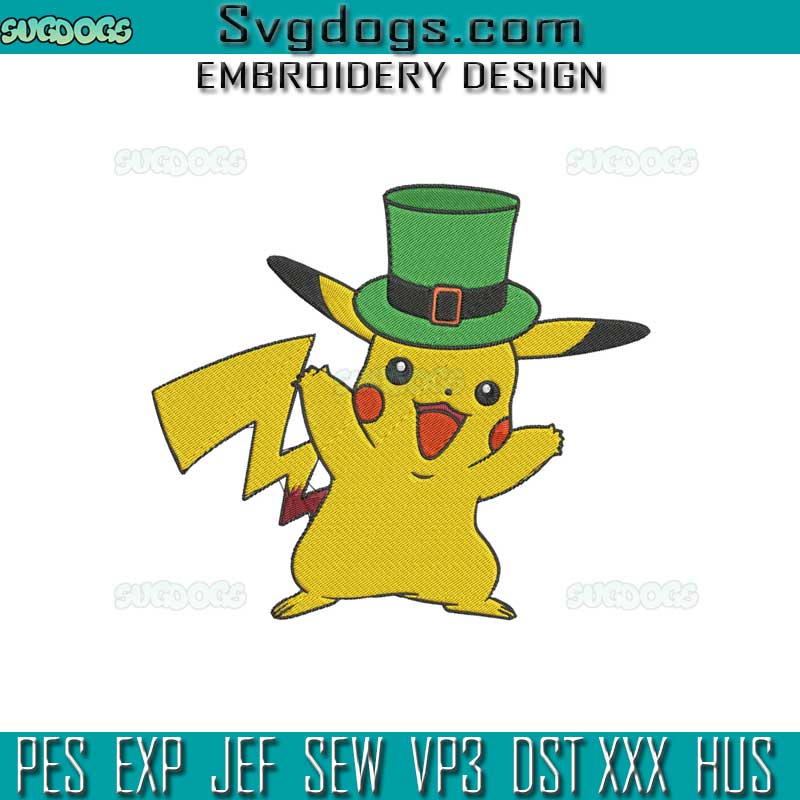 Pokemon St Ptricks Embroidery Design, Pikachu Leprechaun Embroidery Design