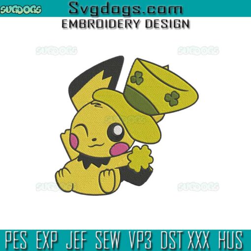 Pikachu St Patricks Day Embroidery Design, Pokemon Leprechaun Embroidery Design