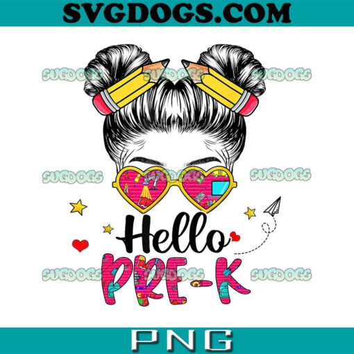 Hello Pre K Messy Bun Girl PNG, Back To School PNG, First Day PNG
