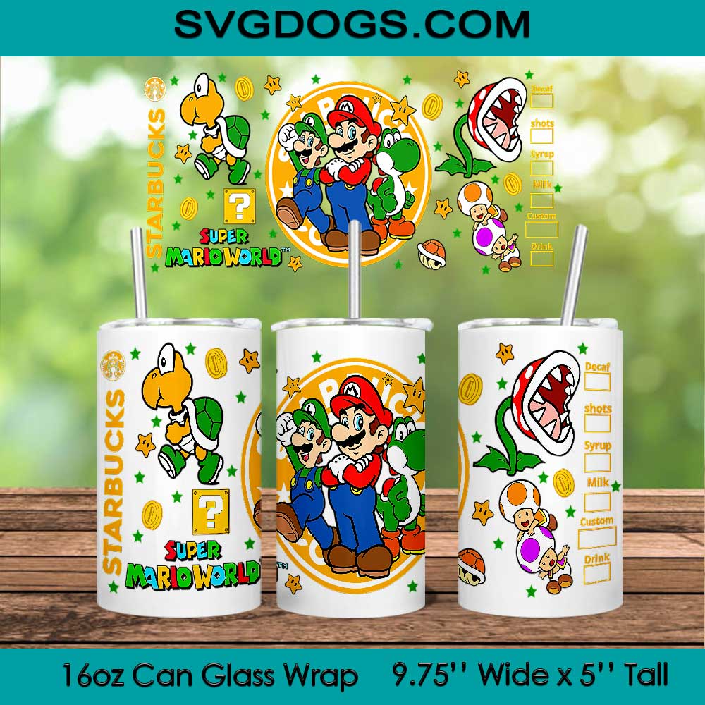 Super Mario World Glass Wrap PNG, 16oz Libbey Glass Can Wrap, Here We Go Bros PNG, Starbucks Tumbler Wrap