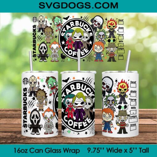 Horror Starbucks Glass Wrap PNG, 16oz Libbey Glass Can Wrap, Horror Movie Characters PNG, Horror Friends Tumbler Wrap