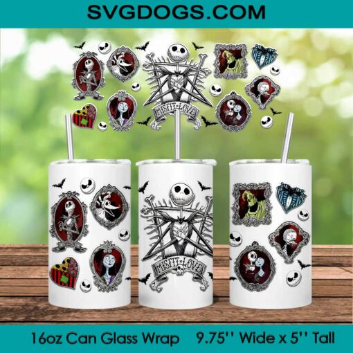Jack Glass Wrap PNG, 16oz Libbey Glass Can Wrap, Misfit Love PNG, Jack Skellington And Sally Tumbler Wrap