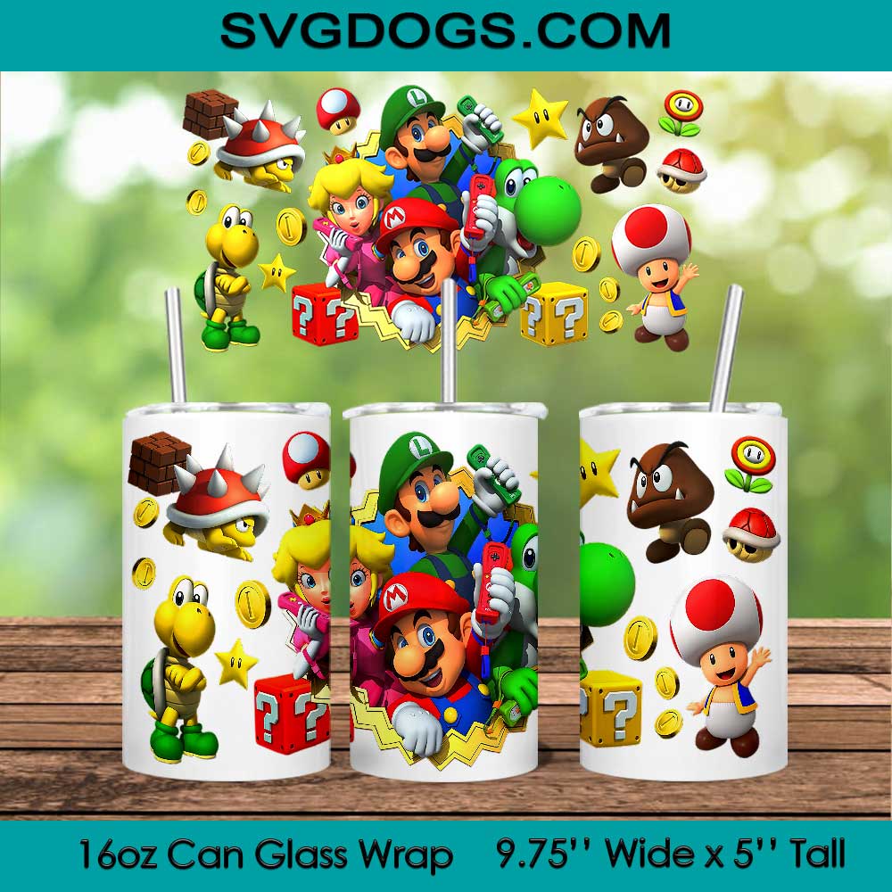 Super Merio Glass Wrap PNG, 16oz Libbey Glass Can Wrap, Level Up PNG, Mario And Luigi Tumbler Wrap