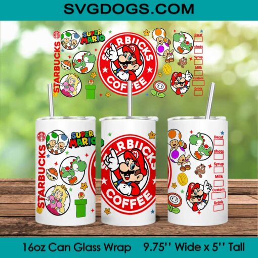 Super Merio Starbucks Glass Wrap PNG, 16oz Libbey Glass Can Wrap, Mario And Luigi PNG, Starbucks Coffee Tumbler Wrap