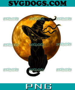 Halloween Black Cat With Witch Hat Full Moon PNG, Black Cat PNG, Cat Halloween PNG