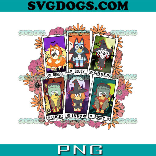 Floral Bluey Horror Tarot Card PNG, Bluey And Friends Halloween PNG, Bluey Spooky Vibes PNG