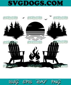 Sunset Lake Scene With Adirondack Chairs SVG PNG, Camping SVG, Happy Camper SVG PNG EPS DXF
