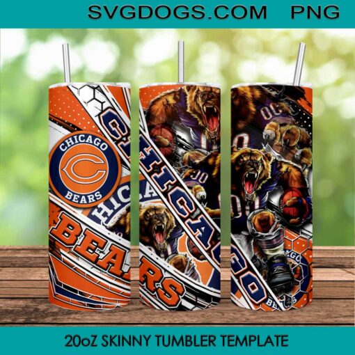 Chicago Bears Mascot 20oz Skinny Tumbler PNG, NFL Chicago Bears Tumbler Template PNG File Digital Download