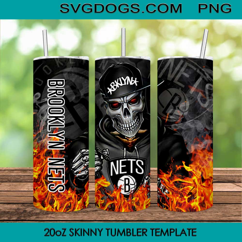 Brooklyn Nets Skull 20oz Skinny Tumbler Template PNG, Brooklyn Nets Tumbler Sublimation Design PNG Download