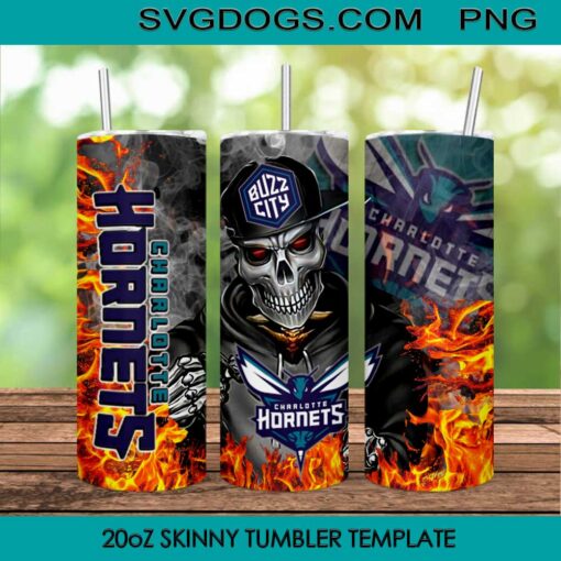 Charlotte Hornets Skull 20oz Skinny Tumbler PNG, Basketball Hornets Tumbler Sublimation Design PNG Download