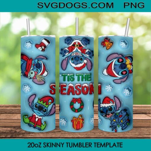 Christmas Stitch Inflated 3D 20oz Skinny Tumbler PNG, Tis The Season Tumbler Sublimation Design PNG Download