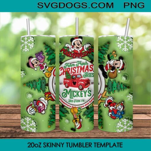 Farm Fresh Christmas Trees Mickey Inflated 3D 20oz Skinny Tumbler PNG, Mickey And Friend Tumbler PNG, Mickey Truck Christmas Tumbler Sublimation Design PNG Download