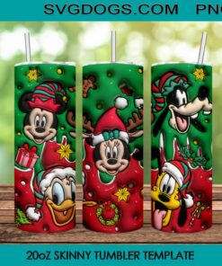 Mickey And Friends Christmas Inflated 3D 20oz Skinny Tumbler PNG, Disneyland Christmas Tumbler Sublimation Design PNG Download