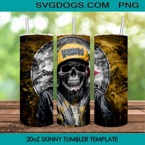 Pittsburgh Steelers Skull 20oz Skinny Tumbler PNG, Steelers Tumbler Sublimation Design PNG Download