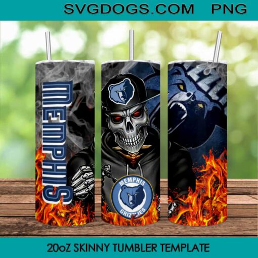 Memphis Grizzlies Skull 20oz Skinny Tumbler Template PNG, NBA Memphis Grizzlies Tumbler Sublimation Design PNG Download