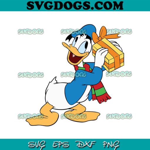 Christmas Cartoon Donald Duck SVG, Donal Duck With Gift SVG PNG EPS DXF