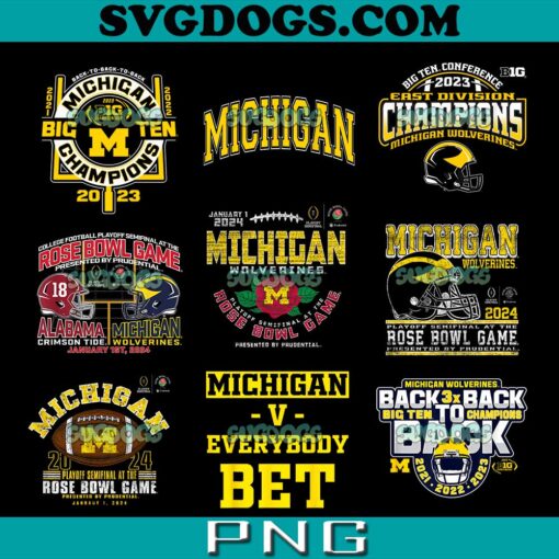 Michigan Wolverines PNG Bundle, Michigan Wolverines Big Ten Champs 2023 PNG, Rose Bowl 2024 CFP Semi Football PNG