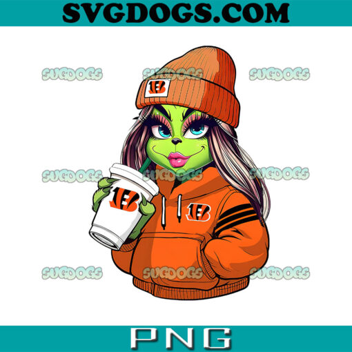 The Grinch Girl Cincinnati Bengals Drink Coffee PNG, Christmas Cincinnati Bengals PNG