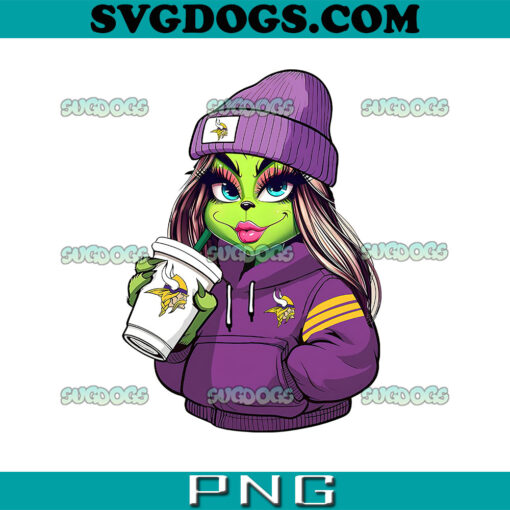 The Grinch Girl Minnesota Vikings Drink Coffee PNG, Grinch Coffee Christmas PNG, Christmas Minnesota Vikings PNG