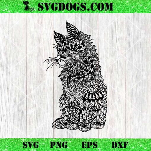 Cat Mandala SVG, Fluffy Black Cat Hand Drawn Halloween SVG PNG EPS DXF