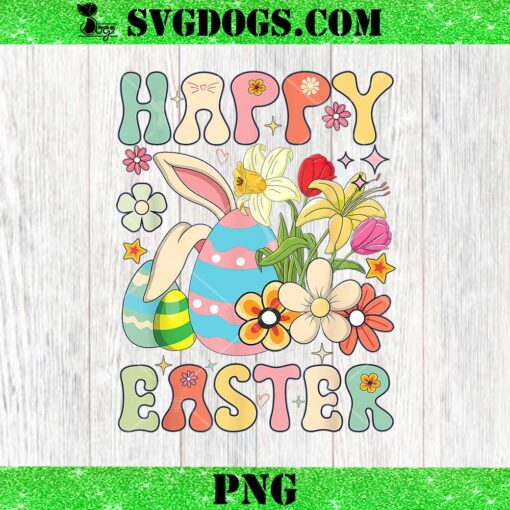 Retro Groovy Happy Easter Day PNG, Bunny Flower Easter PNG