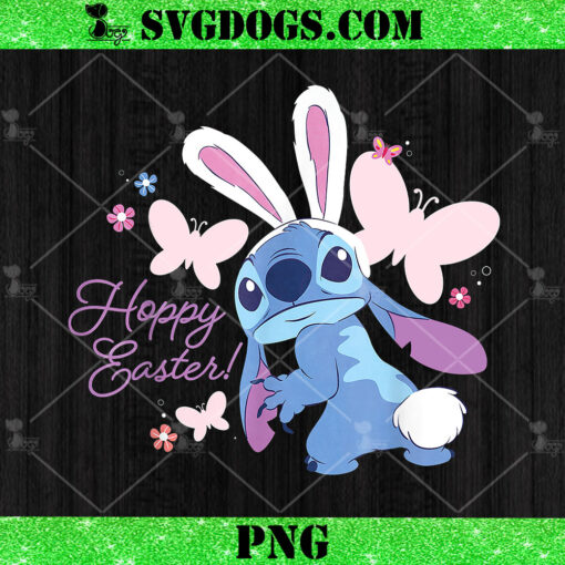 Stitch Hoppy Easter Bunny And Butterflies PNG, Happy Easter PNG, Colorful Eggs PNG