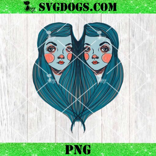 Big Eyes Sad Girls Twin Drawing PNG, Retro Mod Blue Hair Kawaii PNG