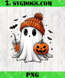 Cute Ghost Drinking Coffee Halloween Ghost Ice Coffee PNG, Ghost Pumpkin PNG