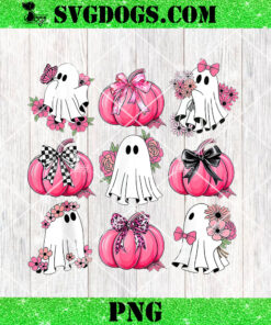 Cute Ghost Florals Pink Coquette Bows PNG, Pumpkins Halloween PNG