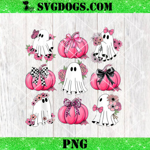 Cute Ghost Florals Pink Coquette Bows PNG, Pumpkins Halloween PNG