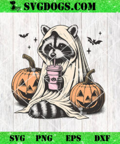 Cute Ghost Pumpkin Halloween Raccoon PNG, Costume Raccoon Drink Coffee PNG